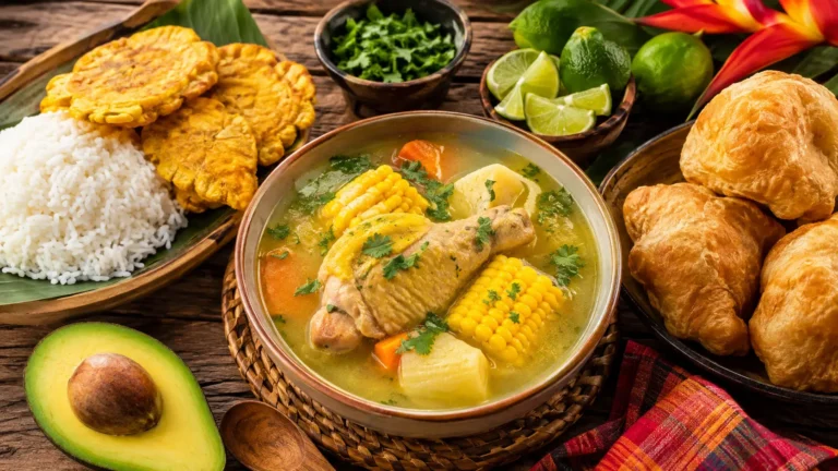 a bowl of sancocho with the rice plate beside it
