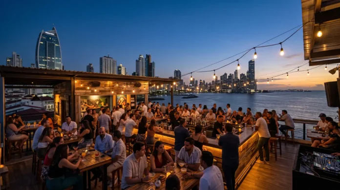 Crowded open-air rooftop terrace bar in Casco Viejo overlooking the illuminated Panama City skyline across the bay at dusk