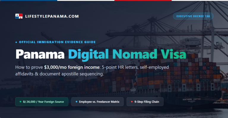 Comprehensive guide graphic for the Panama Digital Nomad Visa application showing income proof rules, employee vs self-employed document requirements, and filing sequence.