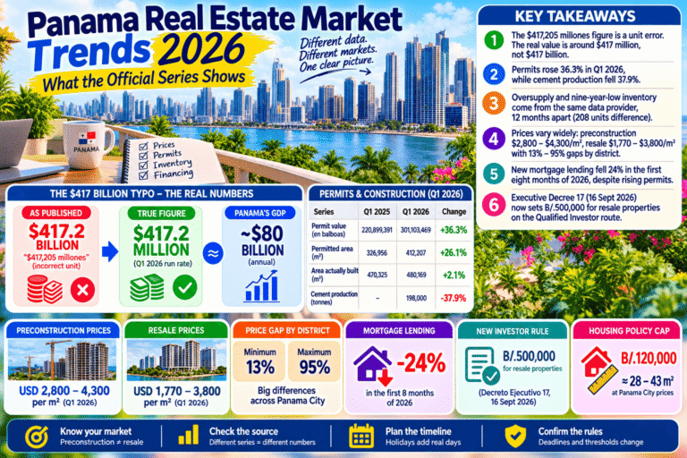 Infographic about Panama’s 2026 real estate market, comparing building permits, cement production, preconstruction and resale prices, mortgage lending, and new investor residency rules.