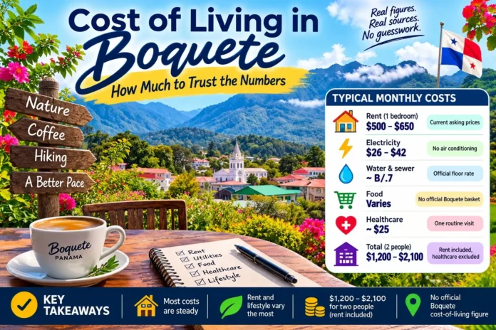 Cost of living in Boquete: colorful view of Boquete, Panama, with a monthly breakdown for rent, electricity, water, food and healthcare for two people