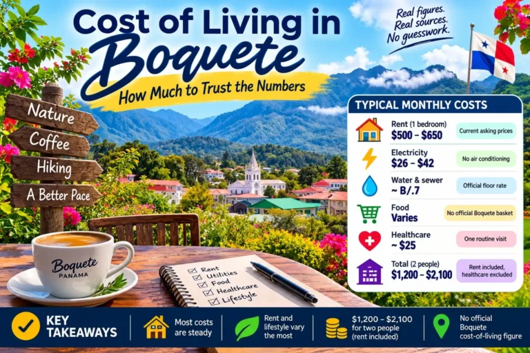 Cost of living in Boquete: colorful view of Boquete, Panama, with a monthly breakdown for rent, electricity, water, food and healthcare for two people