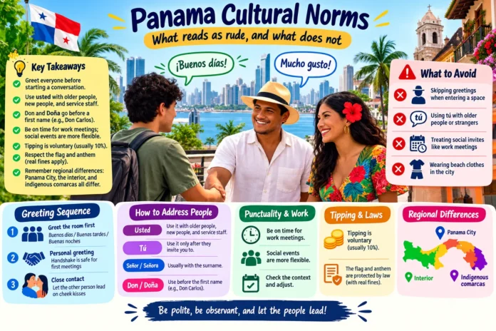 Panama cultural norms infographic: greetings, how to address people, punctuality, tipping and what to avoid