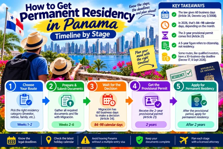 Infographic showing the five stages of getting permanent residency in Panama, from choosing a residency route and submitting documents to receiving a provisional permit and applying for permanent residency.